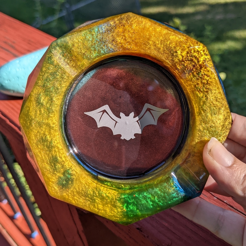 Bat Sage Burn Bowl Resin Art Handmade Chunky Gold Black Ashtray Artisan Goth